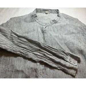 Eileen Fisher 100% Organic Linen Button Top, Gray Stripe , Mandarin Collar Large